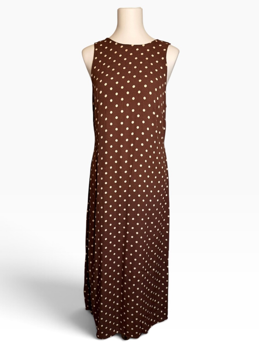 Mango Chocolate Brown Cream Polka Dot Sleeveless Maxi Dress Crinkle Crepe XL